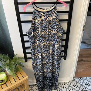 Laffaire Lace Overlay Dress – Blue & Black Floral – Size L – Elegant Evening